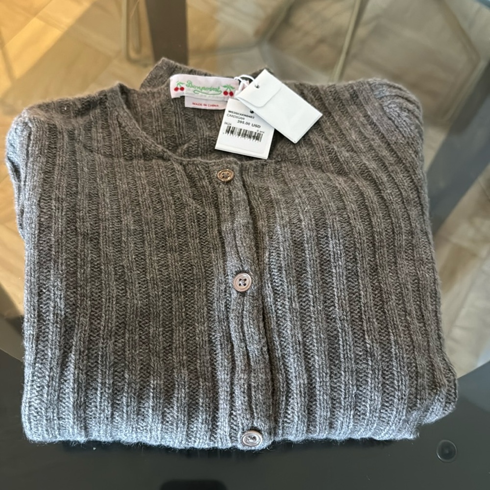 NWT girls Bonpoint grey ribbed cardigan size 8 100% cashmere